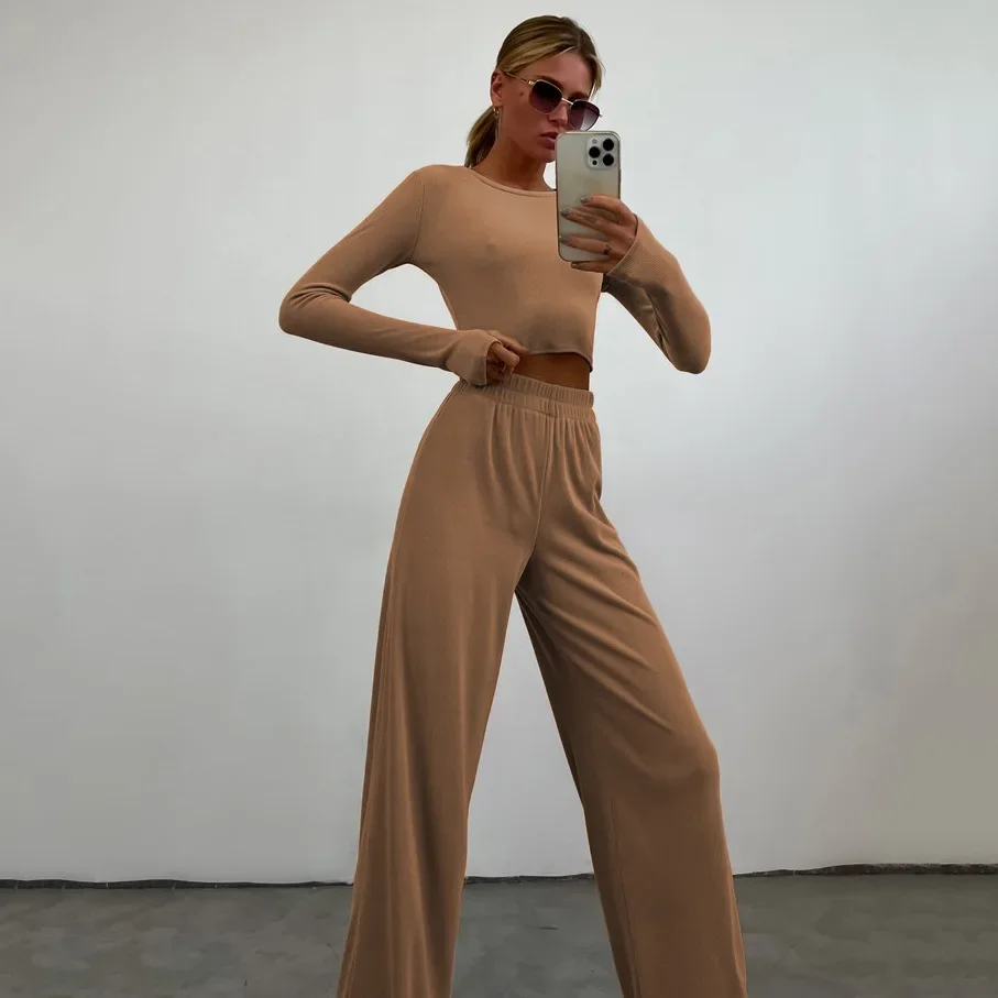 

Women's Sets O-neck Long-sleeved Short Bare Sexy Tops and High-waisted Wide-legged Pants Autumn Two Piece Sets Womens Outfits