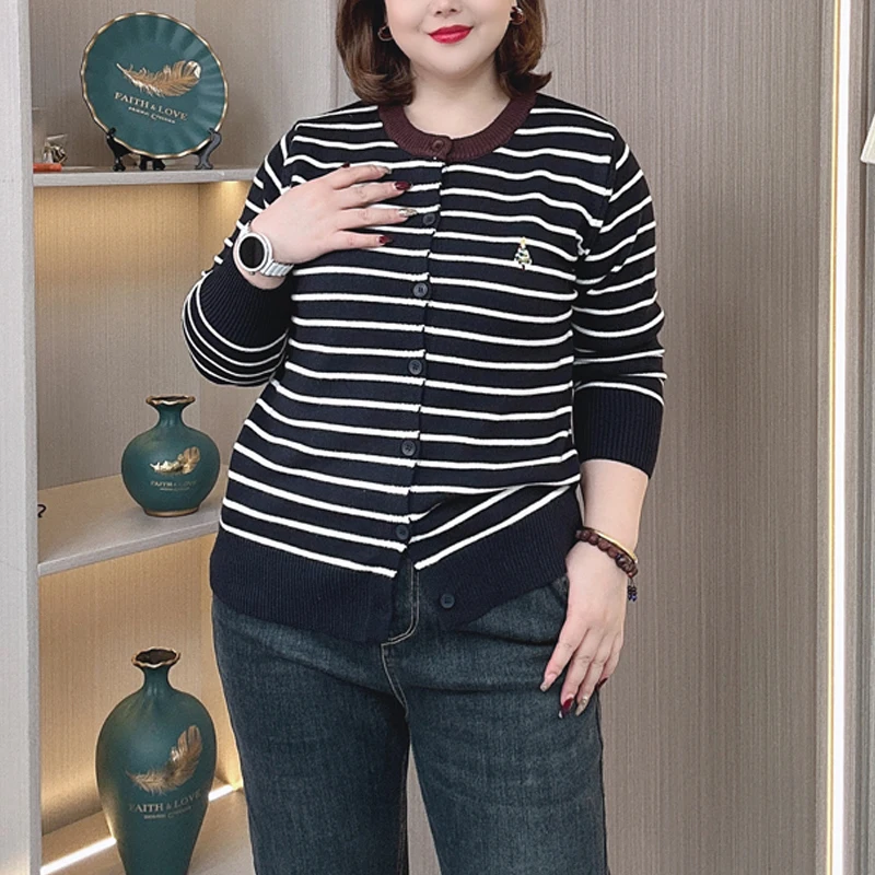 Plus Size Women's Stripe Sweater Autumn Winter Loose Fashion Embroidered Christmas Tree Knit Cardigan Crew Neck Jumpers 4080