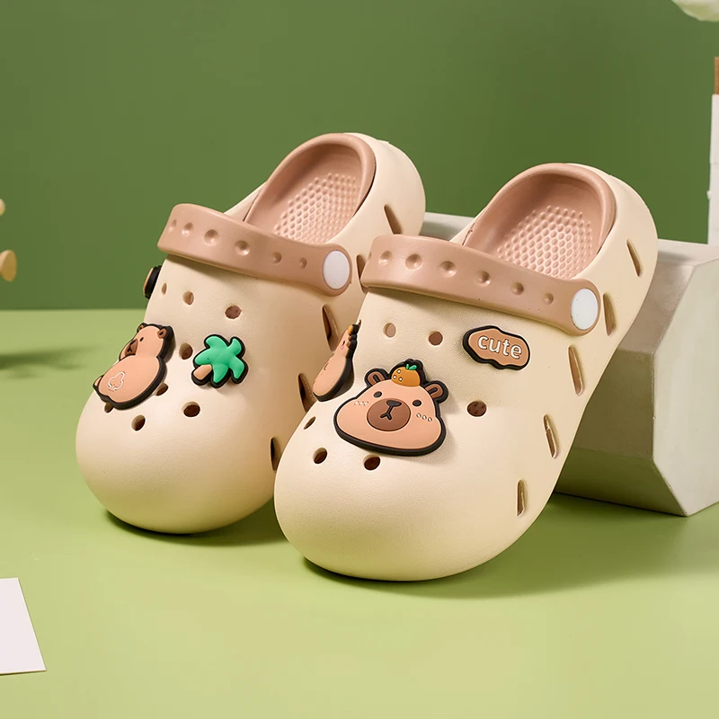 여아 남아 여름용 카피바라 샌들, 편안한 비치 논슬립 키즈 슈즈, 앞코가 막힌 아동용 클로그, 귀여운 프린팅, 6-12세
