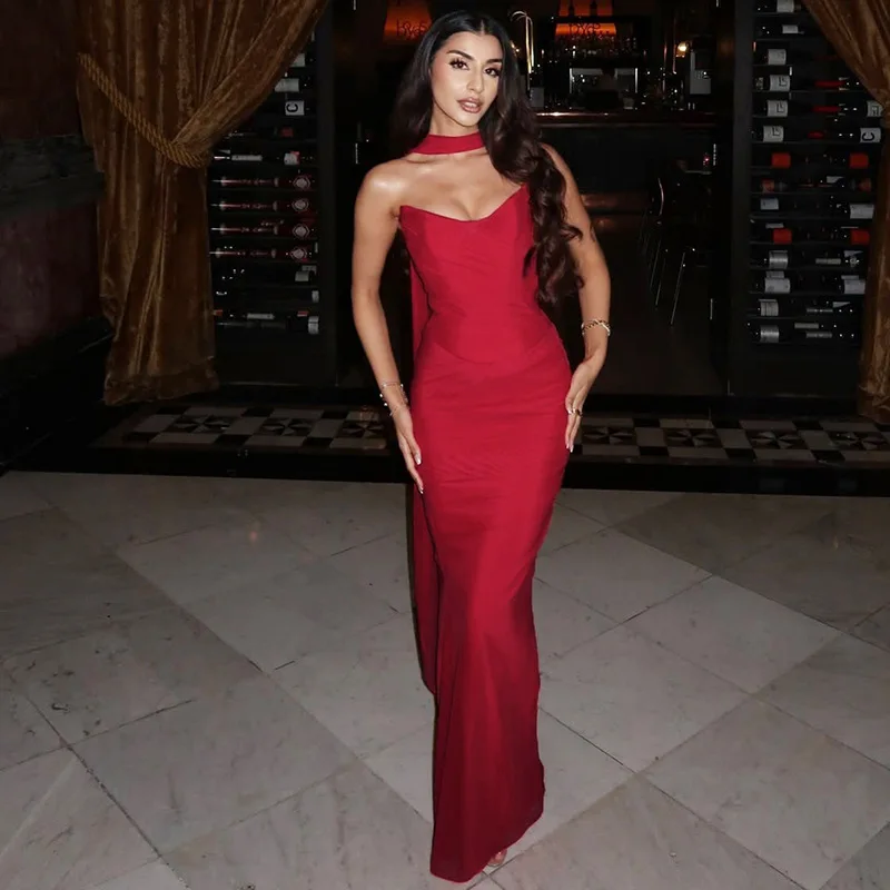 TRAUXY Elegant Two-piece Dress Sets With Scarf Strapless Fishbone Top Long Skirt For Women 2025 Sexy New Slim Party Skirt Set