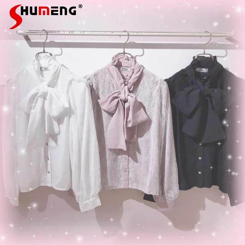 

Japanese Sweet Commuter Lady Big Bow Blouse Female Elegant Rojita Long Sleeve Pure Color Lace Chiffon Double-Layer Shirt Women