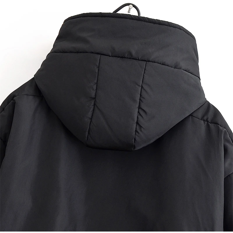 Schwarze abgeschnittene Pufferjacke für Damen, Rollkragenpullover, volle Ärmel, Kapuze, Kordelzug-Detail, lockerer Mantel, 2025, volle Winter-Dame, lässige Oberbekleidung – Detail 9