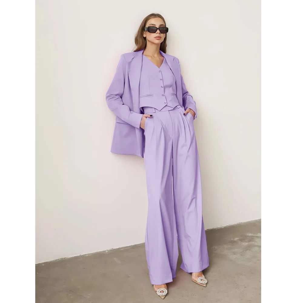 Fashion Lavender Women Suits 3 Piece Chic Notch Lapel One Button Wear Elegant Daily Office Pants Sets (Blazer+Vest+Pants)