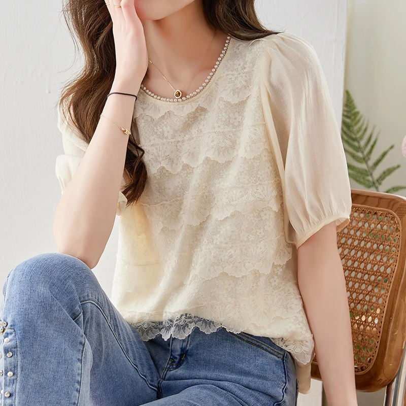 QOERLIN Summer Chiffon Tops Shirt Pearl O-Neck Hollow Out Ruffles Blouse Korean Fashion Short Sleeve Elegant Blouse Casual Shirt