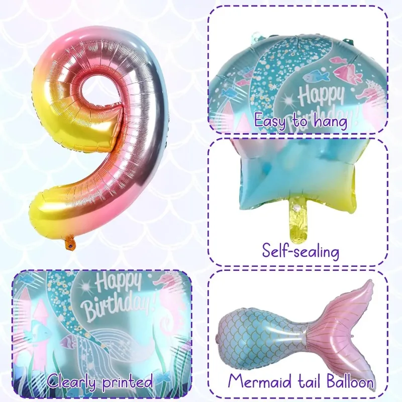 7pcs Mermaid Birthday Decorations Helium Foil Balloon Mermaid Tail Balloons for Kids Rainbow Number Seashell Party Baby Shower