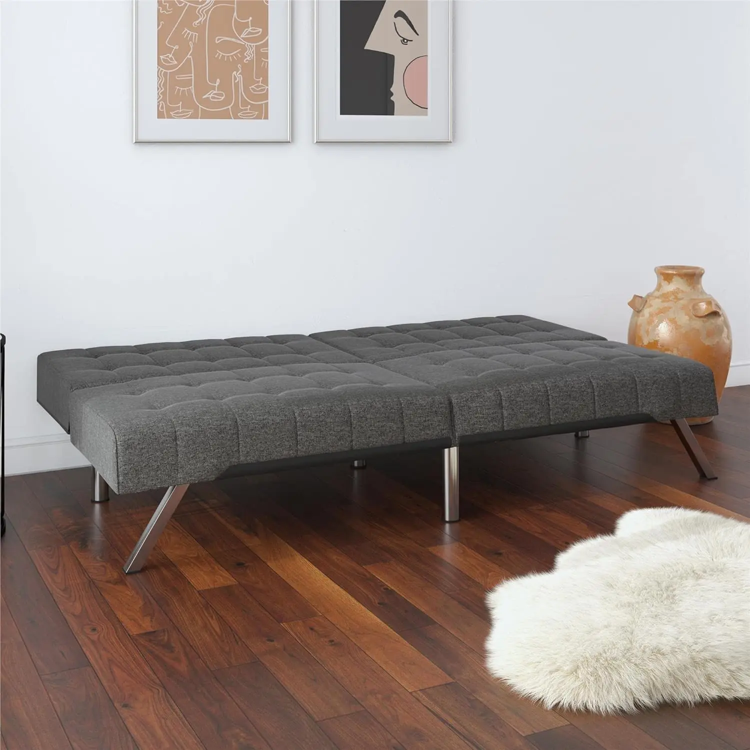 Futon With Chrome Legs Grey Linen sofa set living room furniture Split back design provides multiple positions including
