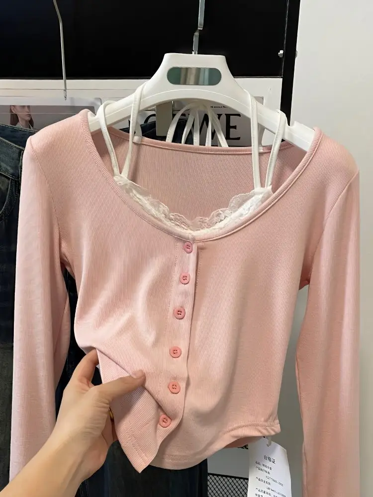 

Pink Pure Desire Fake Two Piece Top 2023 Spring Lace Hanging Neck Unique Slim Fit Long Sleeve Curved Bottom Slim T-shirt