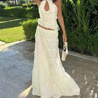 Ensemble jupe Maxi 2 pièces style Boho pour femmes, Y2k, Sexy, col licou, froncé, haut caraco, jupes à volants fluides à plusieurs niveaux, tenues de plage et de vacances 3