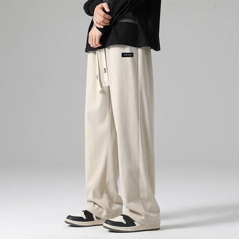

2023 New Spring and Autumn Fashion Casual Versatile Corduroy Solid Color Wide Leg 9/4 Loose and High Draping Men Sports Pants