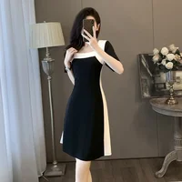 Plus Size French Design Sensual Gentle Dress Women's Summer New High Waist Meat Covering Thin Dress Short Sleeve Square Collar