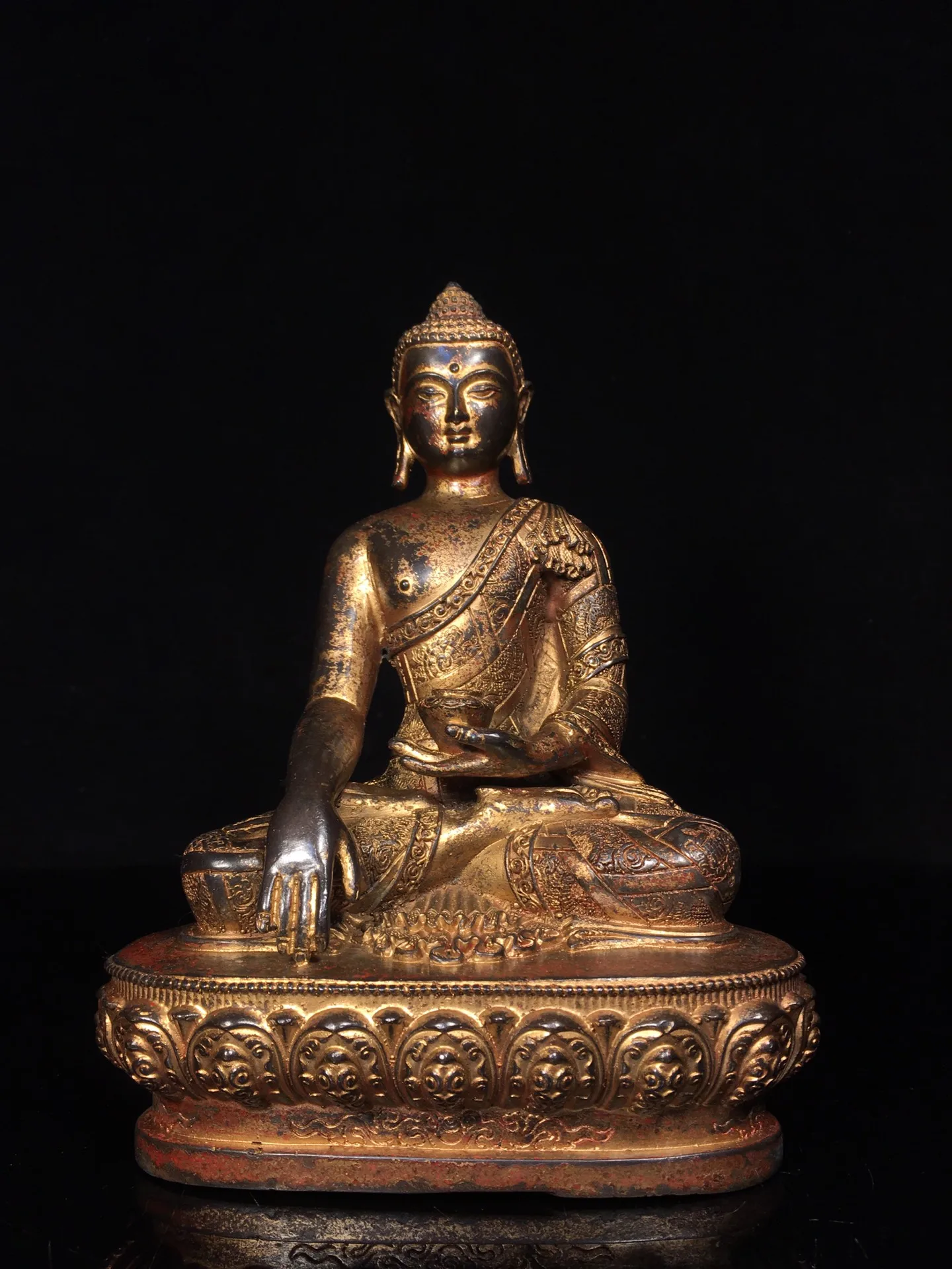 

8"Tibetan Temple Collection Old Bronze Cinnabar Mud gold Sakyamuni Lotus Platform Sitting Buddha Worship Hall Town house