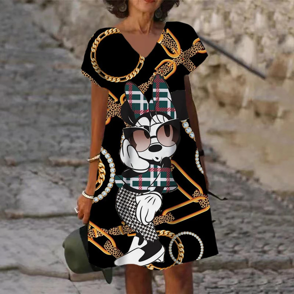 

Summer Women Short Sleeve Beach Vintage Boho Dress Casual Femme Disney Minnie Mickey Mouse print Floral Loose Sexy Party Dress