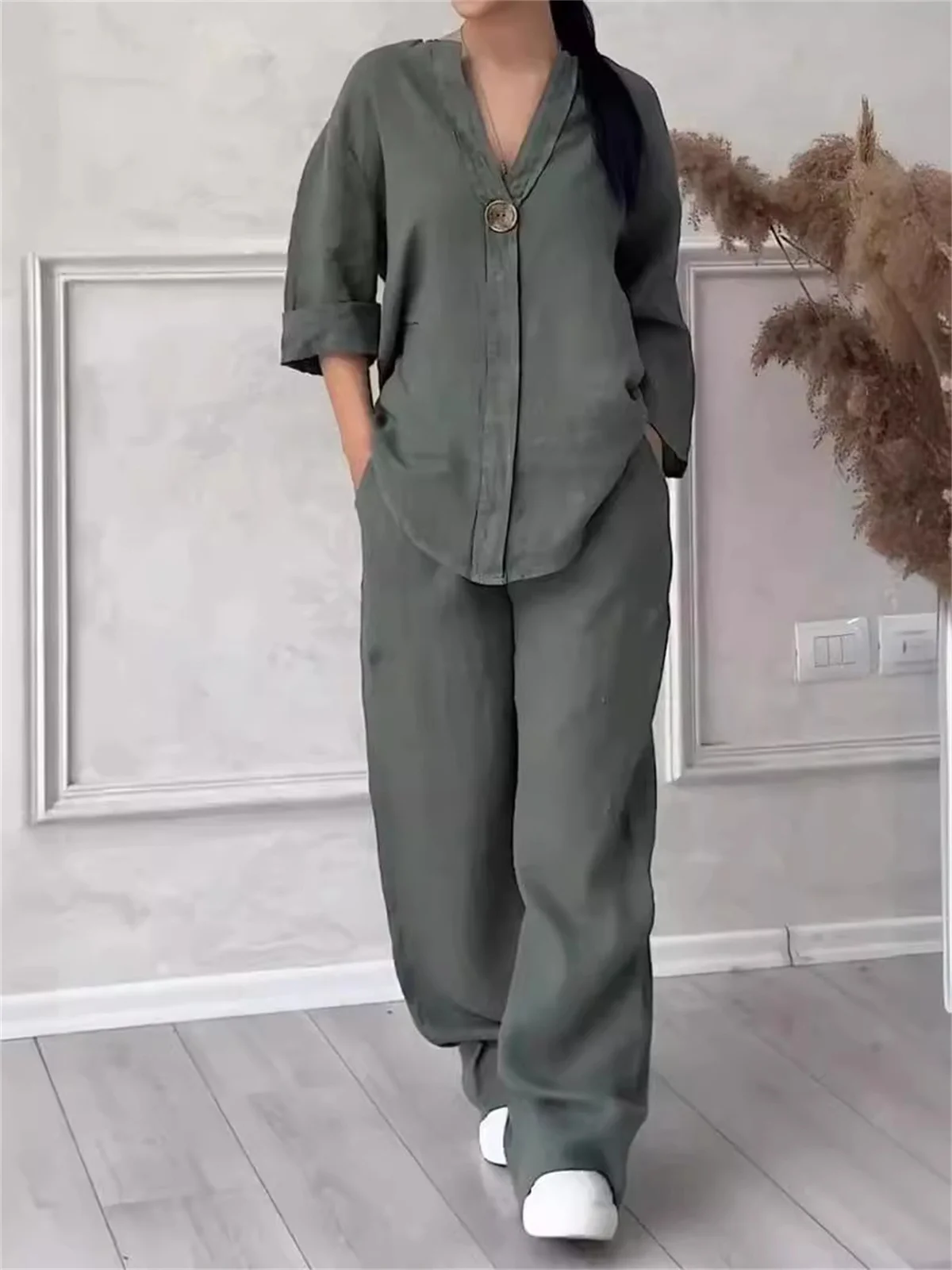 Women Casual Solid V Neck Set Fashion Autumn Spring Two piece Set Cotton and Linen Sets Shirt Top Wide-leg Pant Long Sleeve Suit