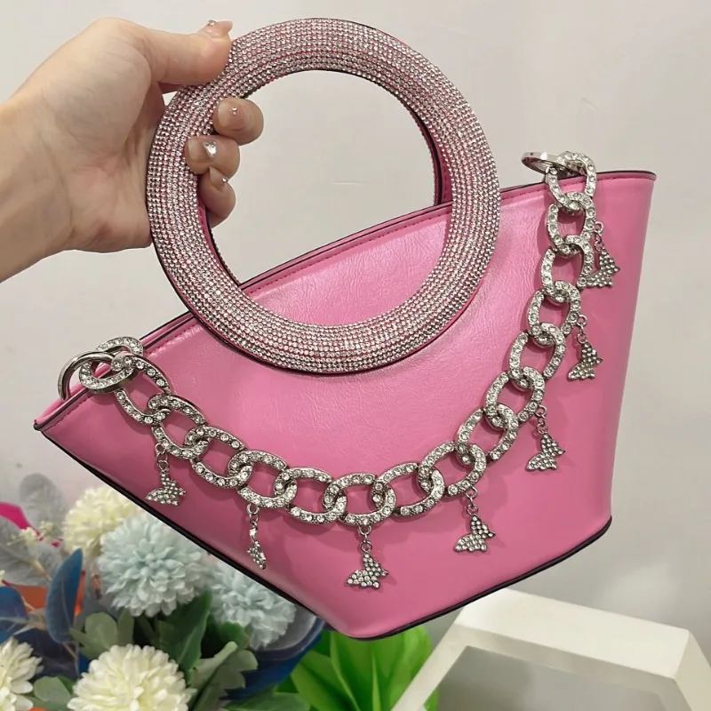 New luxury fashion girl ins studded round handle portable basket bag shoulder crossbody women's bags