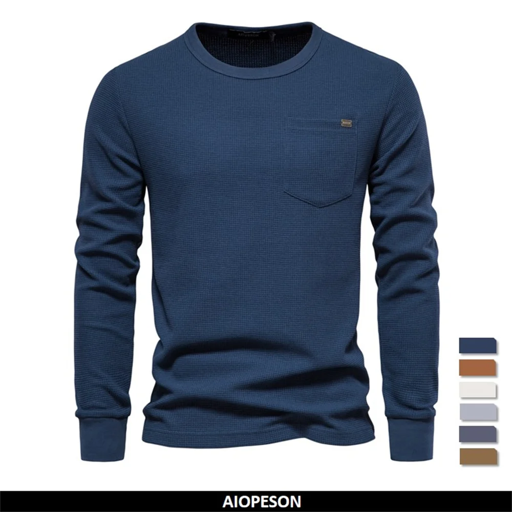 Men's Waffle Knit Long Sleeve Cotton T-Shirt - Solid Color with Single Pocket