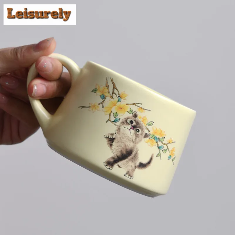 280ml Hand Drawn Cute Cat Coffee Mug With Plate Couple Handgrip Cups Afternoon Tea Mug Coffee Milk Pot Cup Saucer Kit Teaware