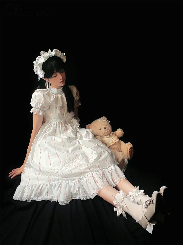 Original Cotton Lolita Op Dresses Women New Summer Doll Design Sweet Girl Female Short Sleeve Floral A-line Dresses