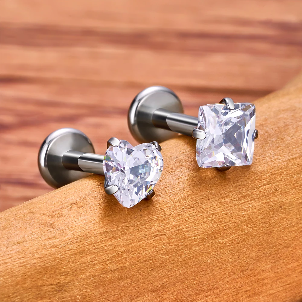 G23 Titanium Piercing Heart CZ Labret Ear Stud Earrings 10Pcs/lot For Women Square Shape Lip Stud Body Jewelry Helix Tragus ear piercing earring