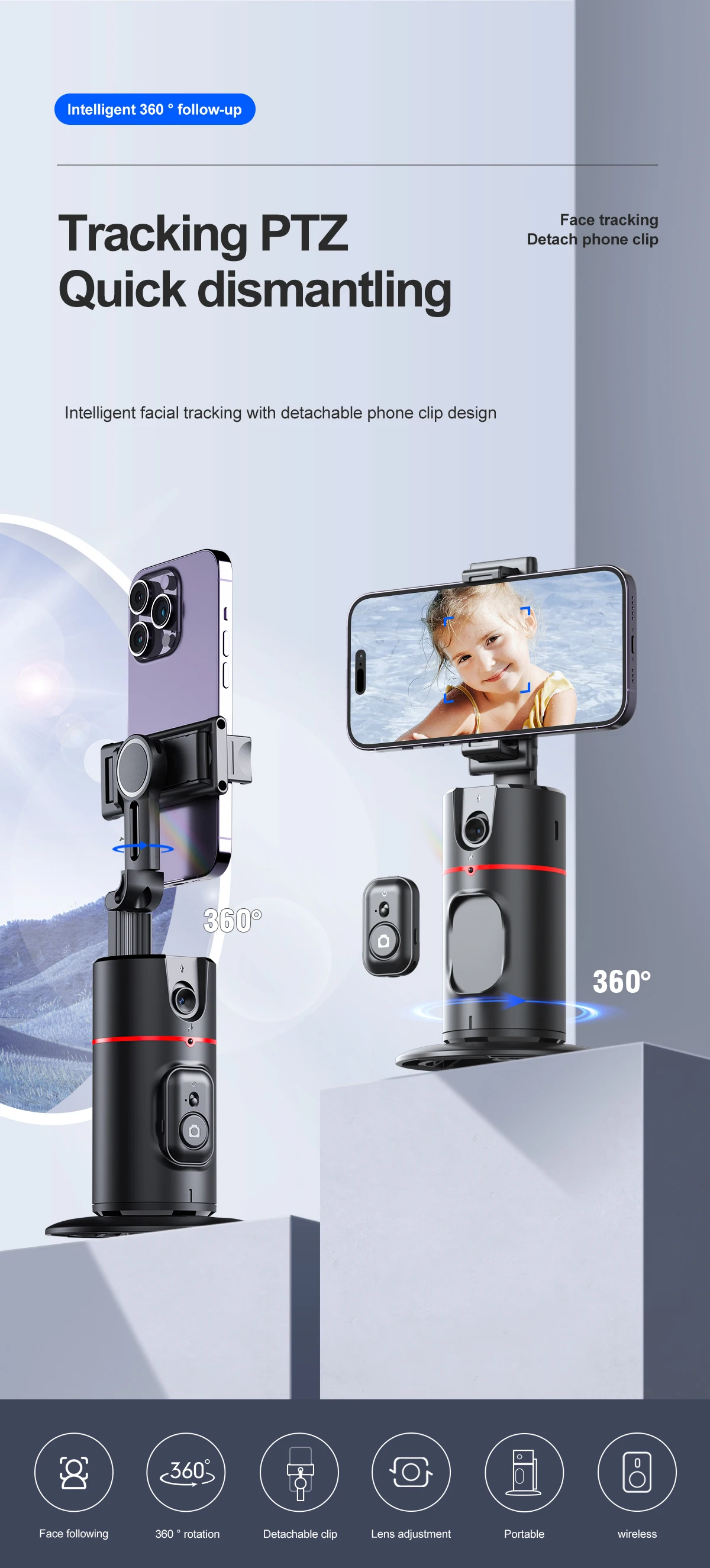 Description Picture 2 of itemW&O P02 Auto Tracking Mobile Phone Gimbal Stabilizer Handheld Selfie Stick Smartphone Shooting Tripod Cell Phone Gesture Control