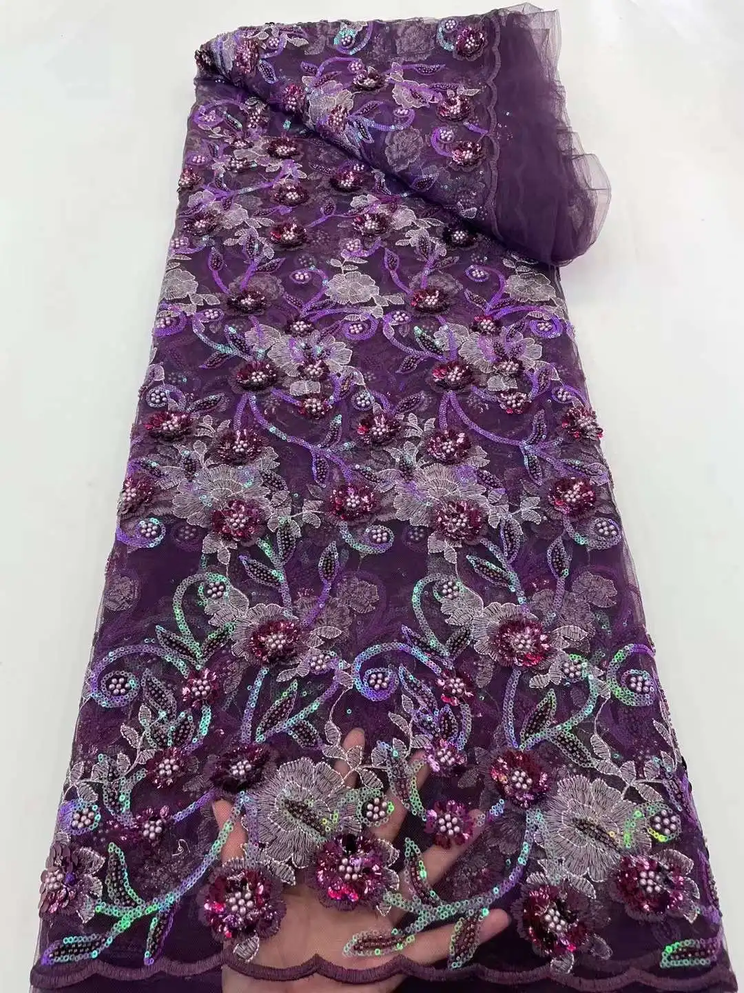 

New Arrived 3D Sequins With Beads Embroidery French Mesh Yarn Beaded African Lace For Evening Dresses.Weddings Party 5yards