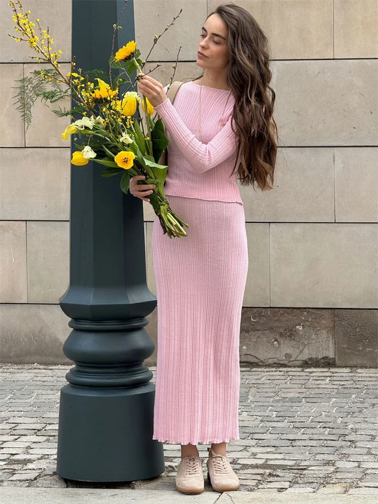 Tossy Knit Ribbed Piece-Set Long Skirt Women Ruffled Long - Main Image