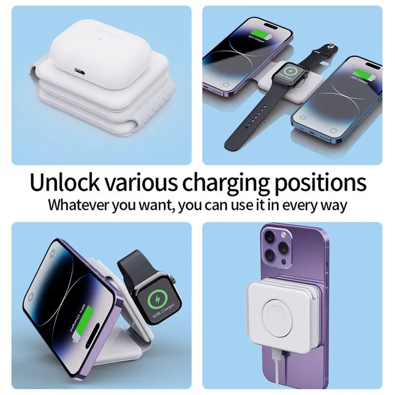 3 in 1 Magnetic Wireless Charger Pad Foldable Phone Chargers Stand For iPhone 14 13 12 Airpods IWatch 7 6 5 Xiaomi