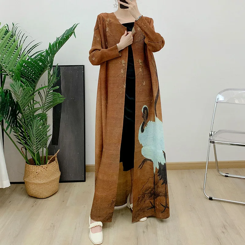 

COZOK Seaside Take A Holiday Printing Pleated Trench Coat Women Long Sleeve Loose Big Size Spring New Jacket WT3069