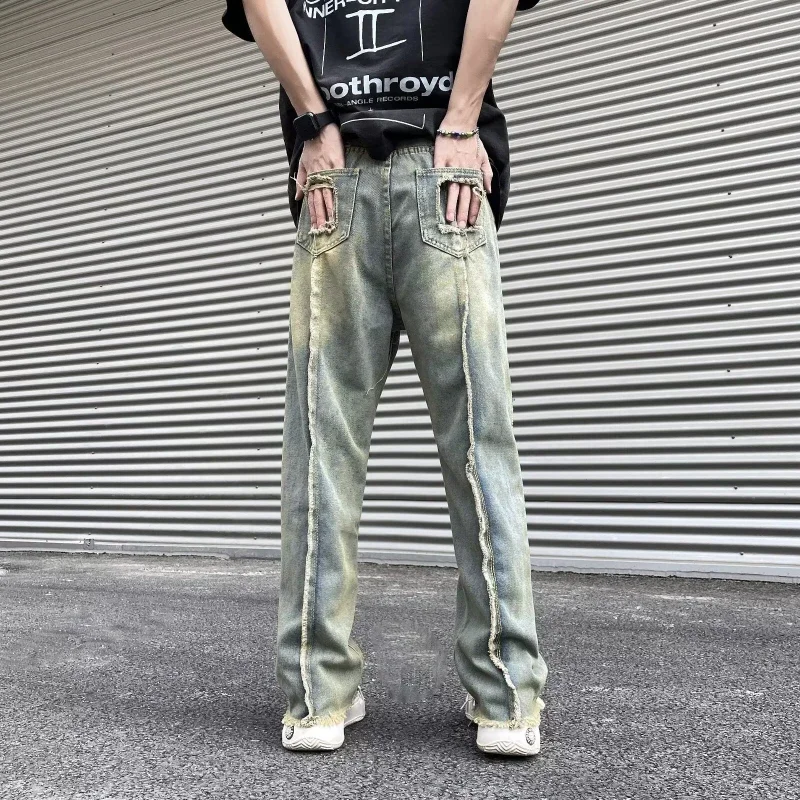 OIMG New Fashion Old Y2K Streetwear Stacked Baggy Ripped Jeans Pants Men Clothing Straight Denim Trousers