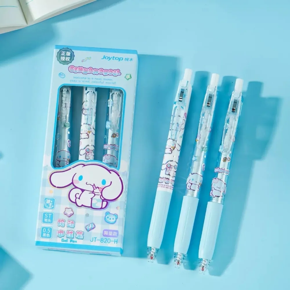 Original Sanrio 3 Stück/Box Einziehbare Gelschreiber Hello Kitty Kuromi Cinnamoroll 0,5mm Schwarze Tinte Stifte für Schule Büro Schreibwaren