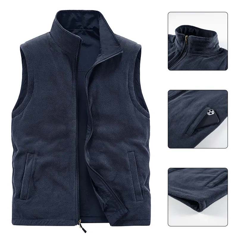 Men Hiking Vest Outdoor Waterproof Double-Sided Mountaineering Work Fleece Warm Thickened Fishing Hunting Sleeveless Jacket