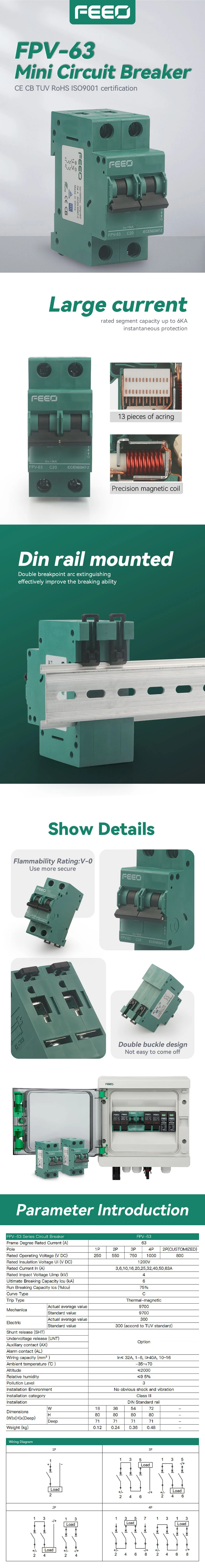 Description Picture 3 of itemFEEO 2P DC Solar Circuit Breaker Switch 550V 800V For PV Solar system 6A 10A 16A 20A 25A 32A 40A 50A 63A FPV-63 DC MCB disjuntor