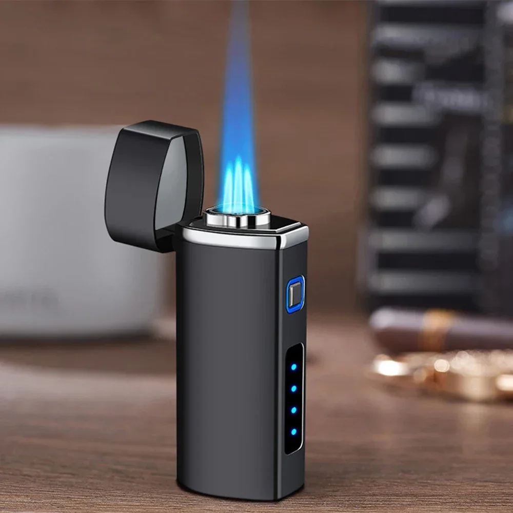 New 2025 touch sensitive metal outdoor windproof Type-C rechargeable portable turbo three torch blue flame jet gas lighter