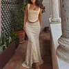 WhereMery Elegant Square-neck Bandage Backless Tank Top With Y2K Lace Texture Mesh See-through Party Long Skirt Club Gentle Set 1