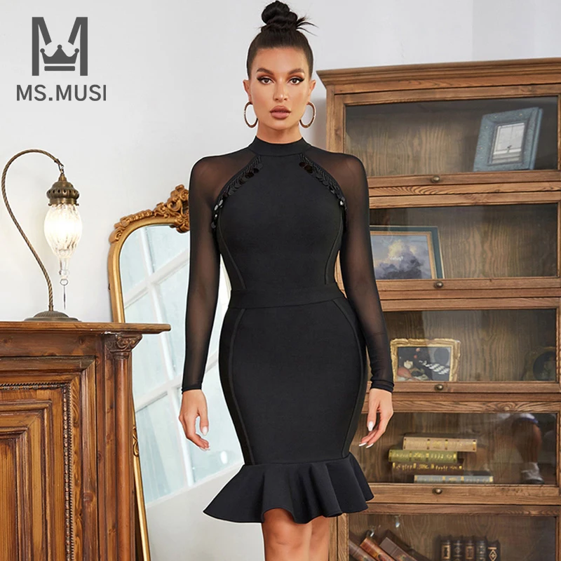 

MSMUSI 2022 New Fashion Women Sexy Black Tassel Sequin Lace Mesh Long Sleeve Trumpet Bandage Party Club Bodycon Event Midi Dress