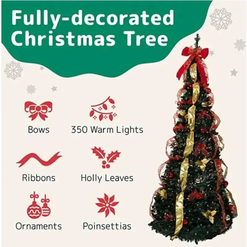 Albero Di Natale Pieghevole 1,5 M Pre-illuminato A LED, Con Decorazioni Incluse - Facile Montaggio E Riposo