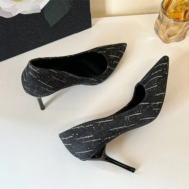 Plus Size Shoes Fashion Women Summer High Heels Wedding Shoes Denim Pointed Stiletto Heel Work Shoes 8cm High Heels 3