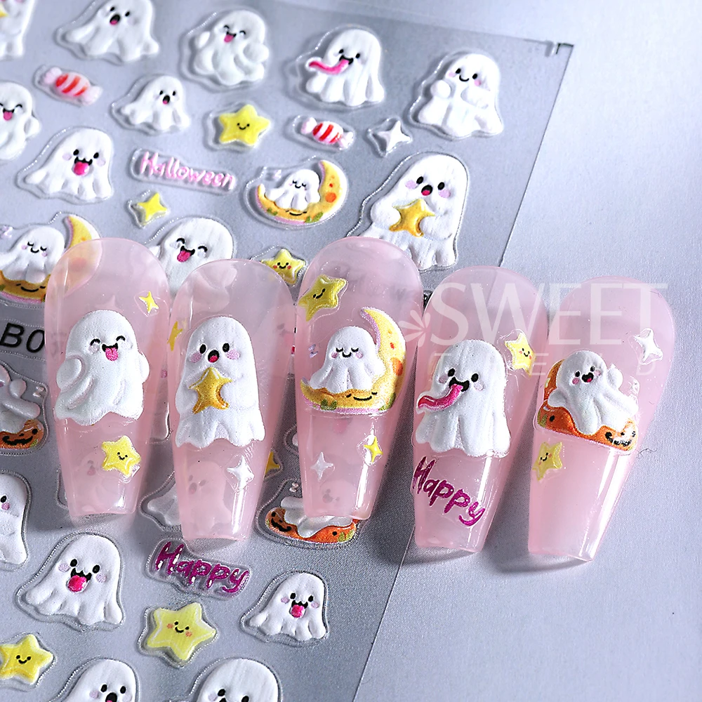 1/3pcs 5D Embossed Halloween Nail Stickers Cute Skull Pumpkin Ghost Spider Nail Silder Decals Nail Supplies Manicure Decoration