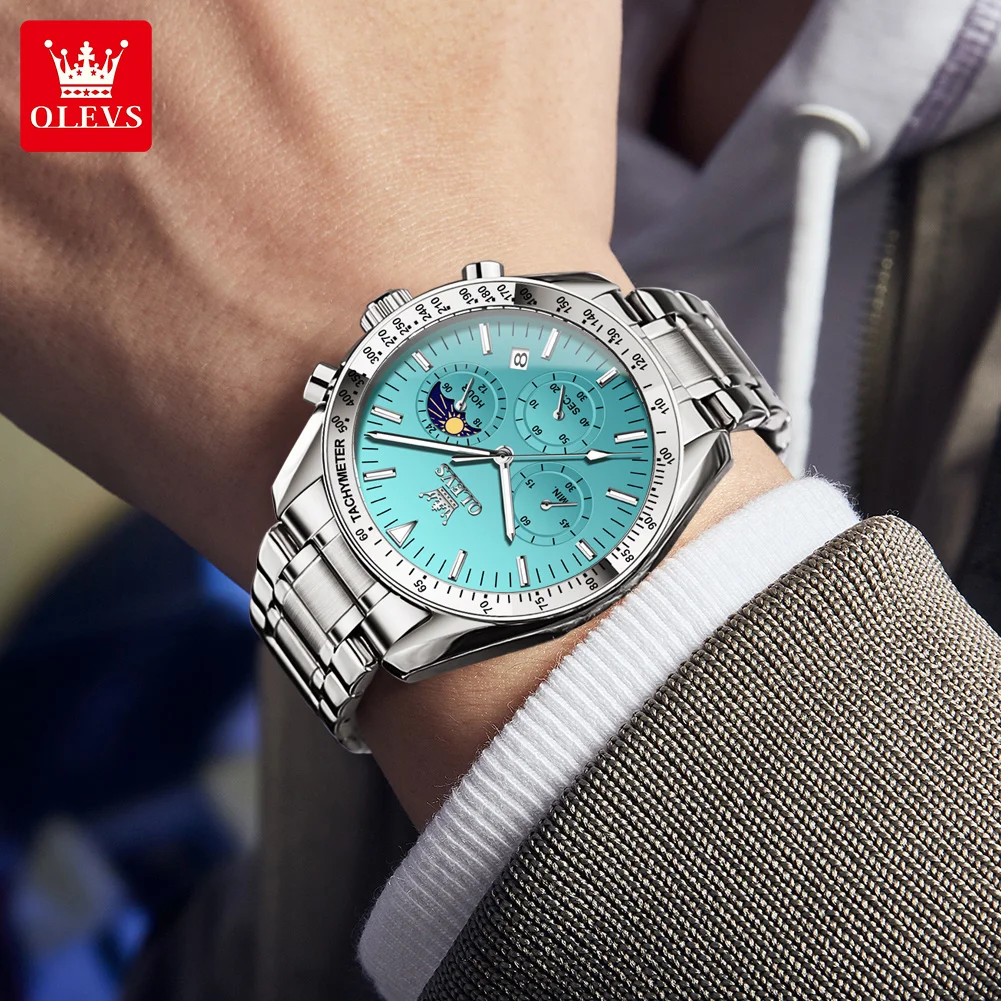 OLEVS 3618 Men's Watch Moon Phase Chronograph Quartz Watch For Men Luxury Waterproof Date Business Man Wristwatch Steel Strap
