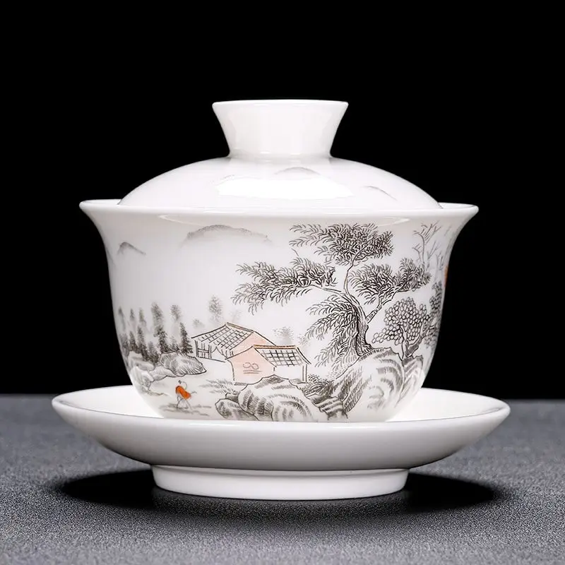 Suet Jade Porcelain Sancai Gaiwan, Hovering Teacup, White Ceramic Single Tea Bowl, Suspension Tea Set, Tureen, Household Teaware