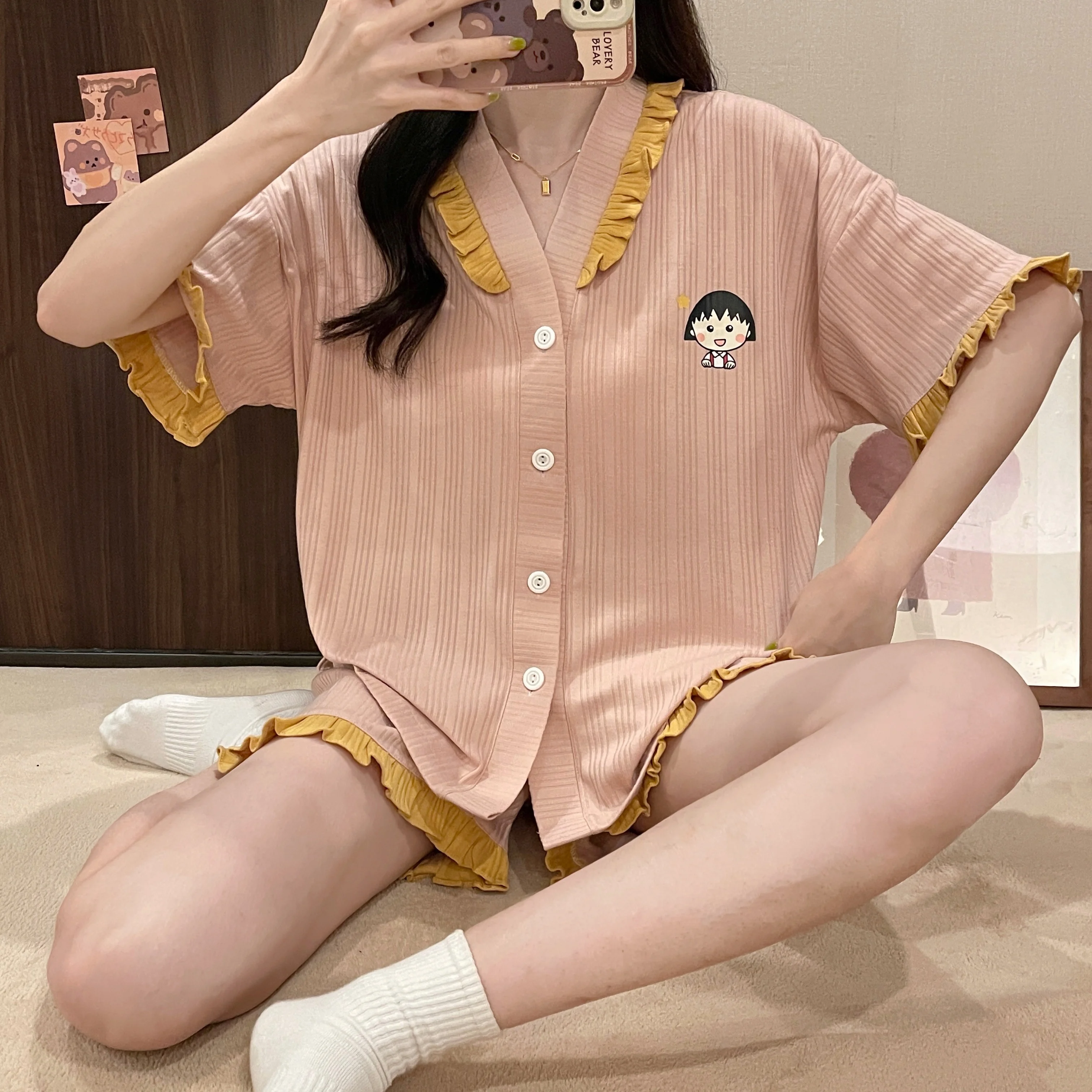 Summer new knitted cotton shorts pajamas ladies pit pattern cartoon bear lapel cardigan short-sleeved 2-piece casual home wear