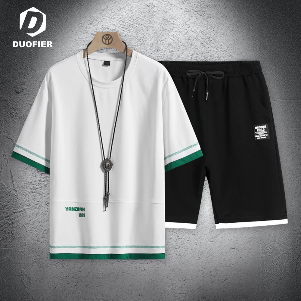 

Summer Tracksuit Men Casual T-Shirt + Shorts Set Mens Sports Suit Hip Hop Fashion Patchwork Short Sleeve 2 Piece Sets Streetwear