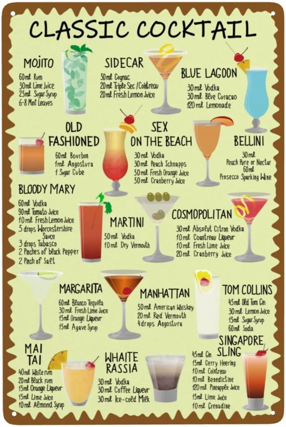 Classic-Cocktail-Recipes-Tin-Sign-Kinds-of-Beer-Wine-Drink-List-Vintage ...