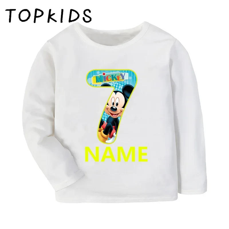 Mickey Mouse Print Boys T shirt 1 2 3 4 5 6 7 8 9 Years Birthday Number Bow Custom Name Kids Long Sleeve T-shirts Girls Clothes 3