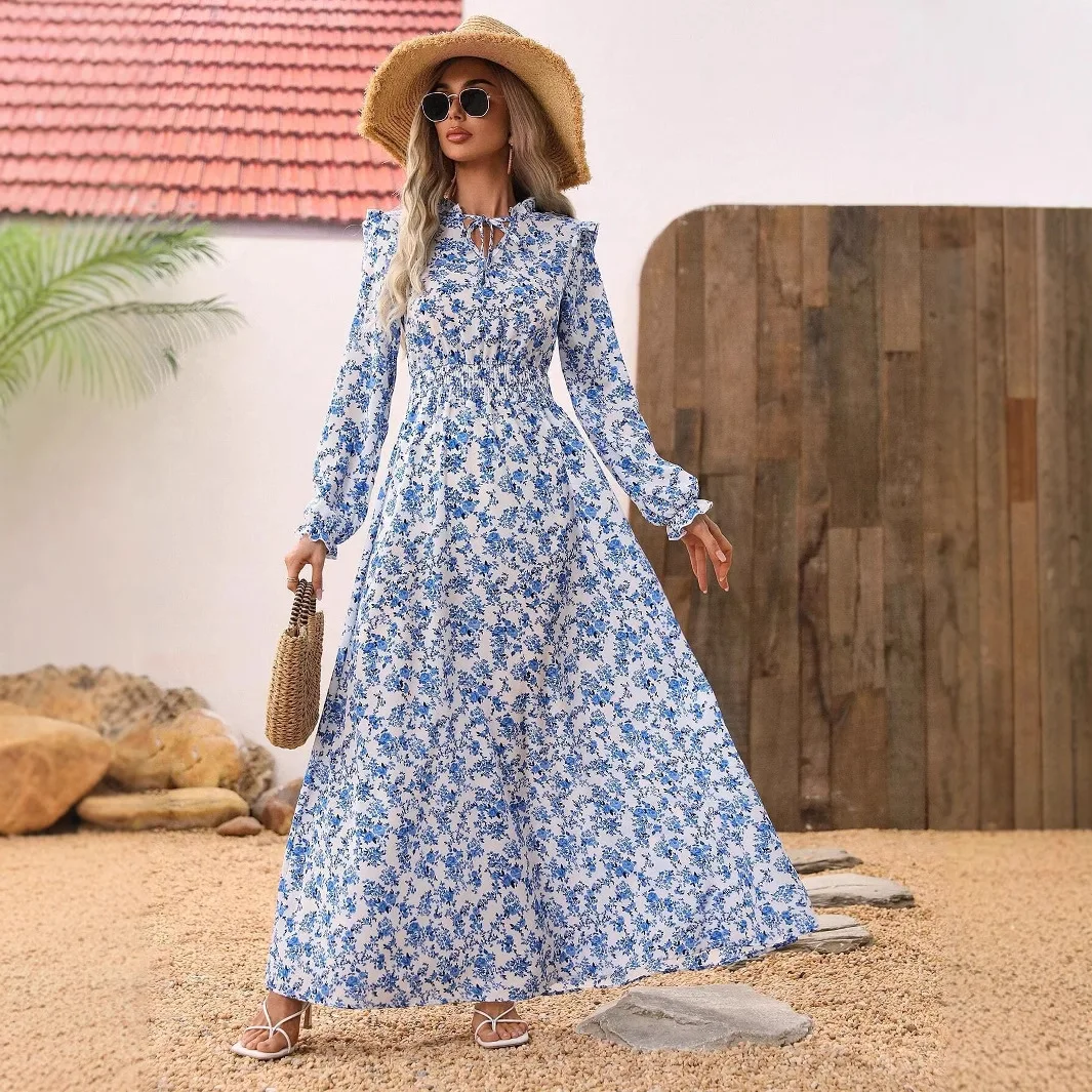 فساتين خريف 2025 للنساء فستان نسائي جديد بأكمام طويلة وياقة مكشكشة مطبوع برباط على شكل حرف a فستان نسائي فيستدوس دي موجر