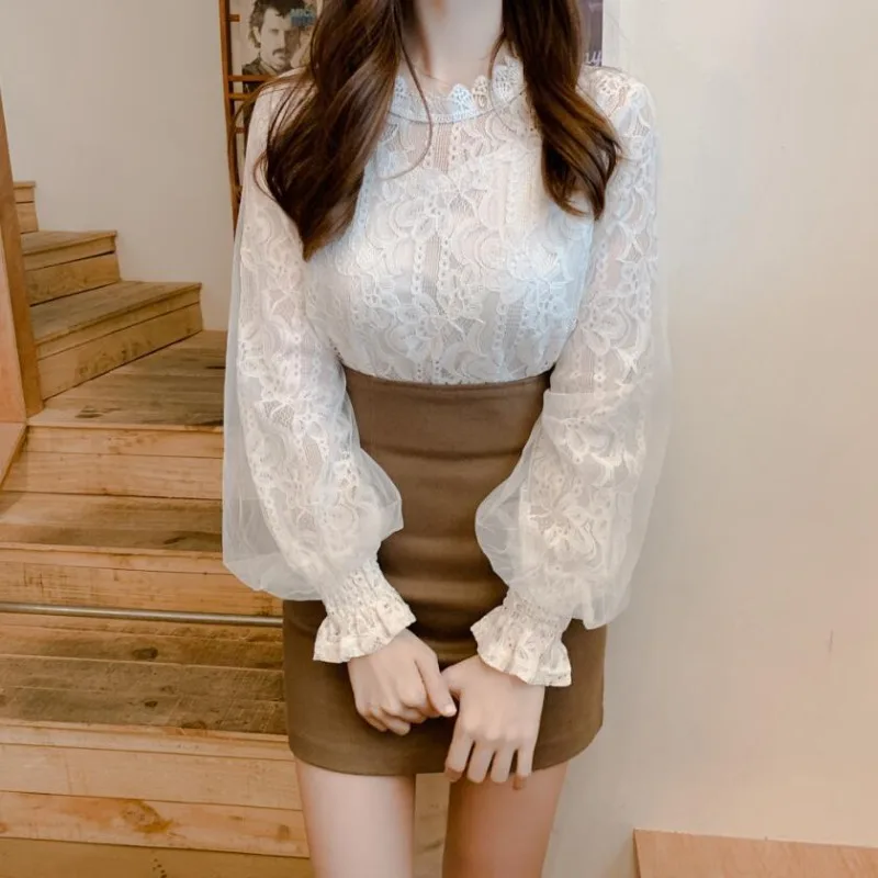 용수철 여성용 화이트 레이스 블라우스 셔츠, 긴팔 블라우스, 할로우 아웃 셔츠, 여성 블라우스 상의
