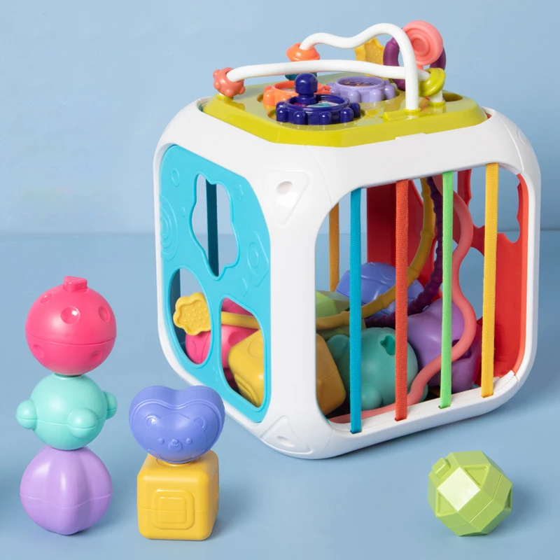 Baby Shape Sorting Toys Children Montessori Educational Toys Colorful Sensory Cube Toys With Elastic Bands For Fine Motor Skills