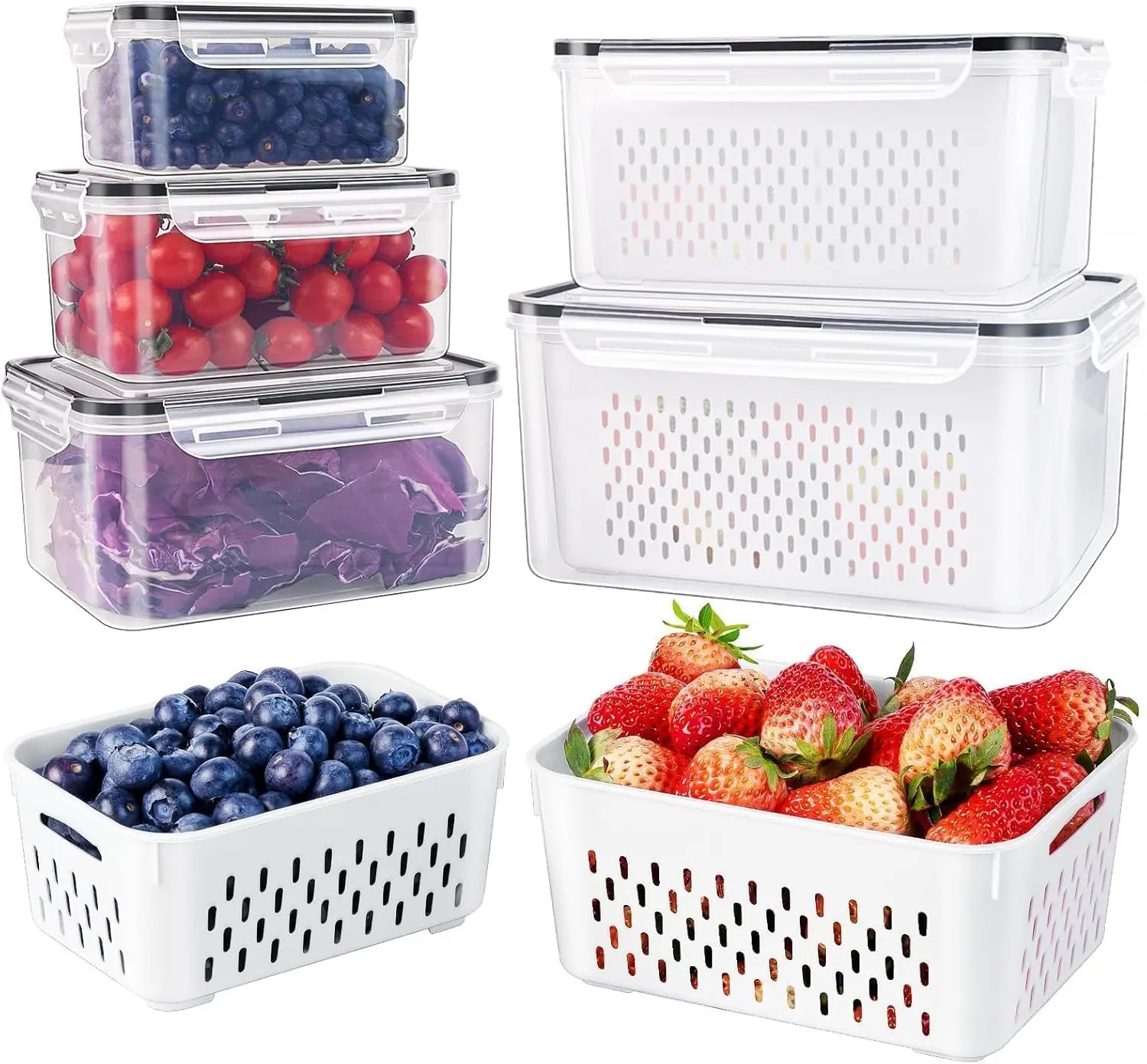 Large Fruit Containers for Fridge - Food Storage Containers with Removable Colander - Dishwasher & microwave