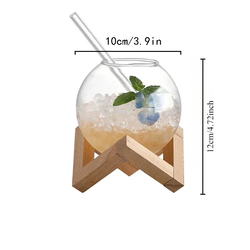 Cocktail Glass Cup with Wood Stand Creative Lunar Round Shape Drink Cup with Straw Christmas Cups Iced Coffee Cups Drinkware