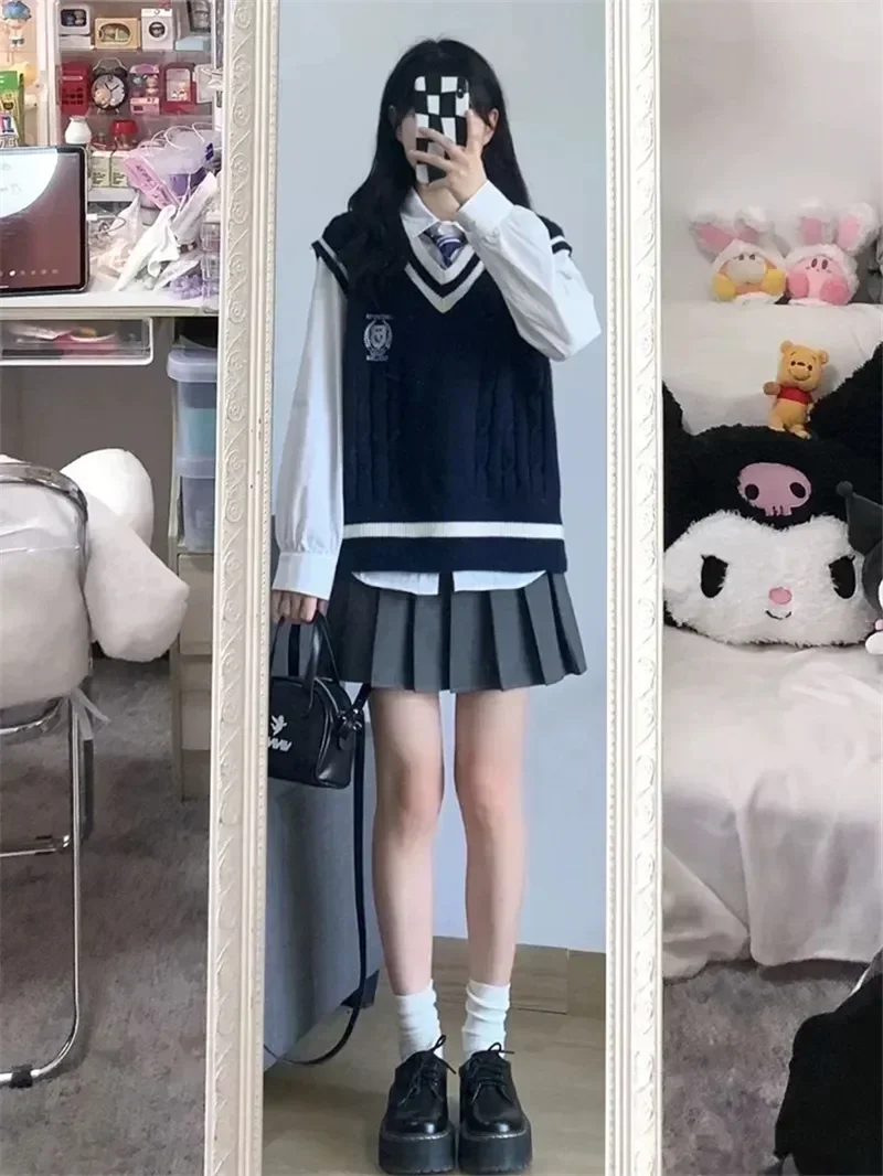 

Piece Preppy Suit Clothes Pleated Autumn Style Shirt Vest New Girl Long Students Knitted Sleeved 3 V-neck Gray Korean Set