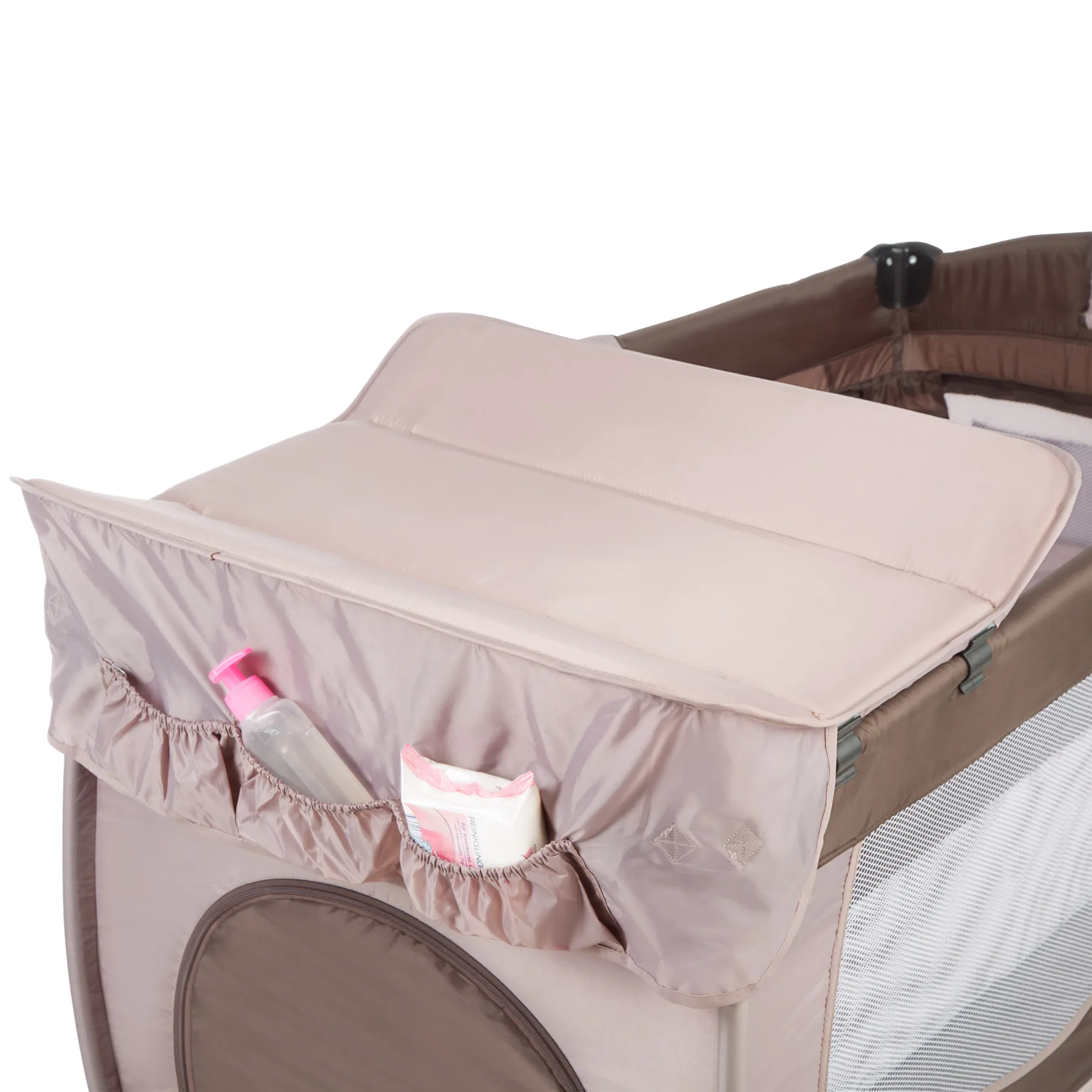 Teclake-Berço de viagem com troca marrom, berço dobrável para viagem, cama com grades laterais, desviador, cama de bebê com esteira e rodas, cama infantil pequena com arco